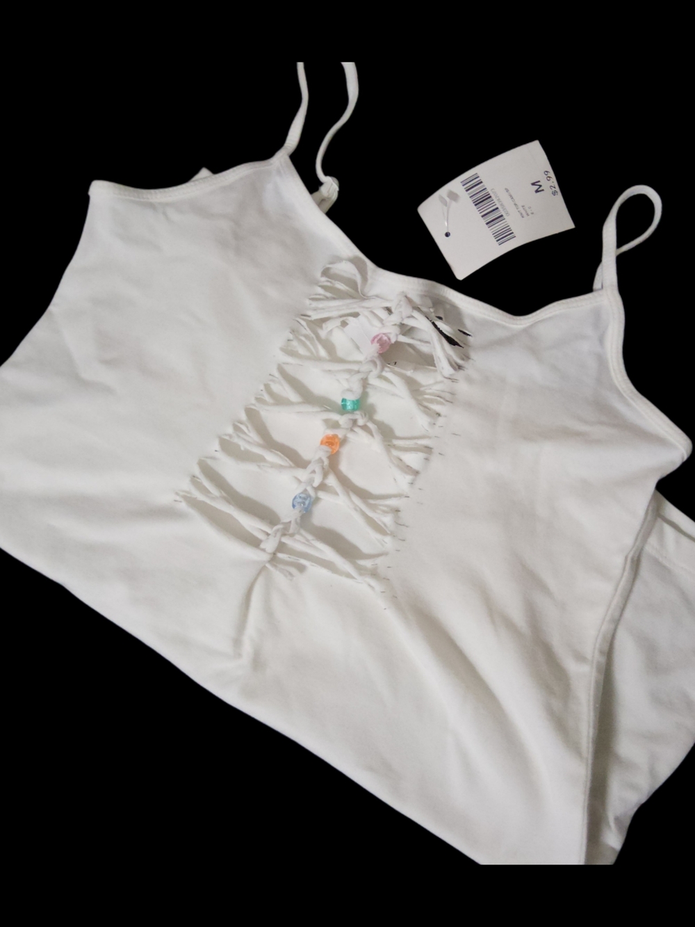 Forever 21 White Tank Top with Center Ladder Cut and Pastel Bead Detail